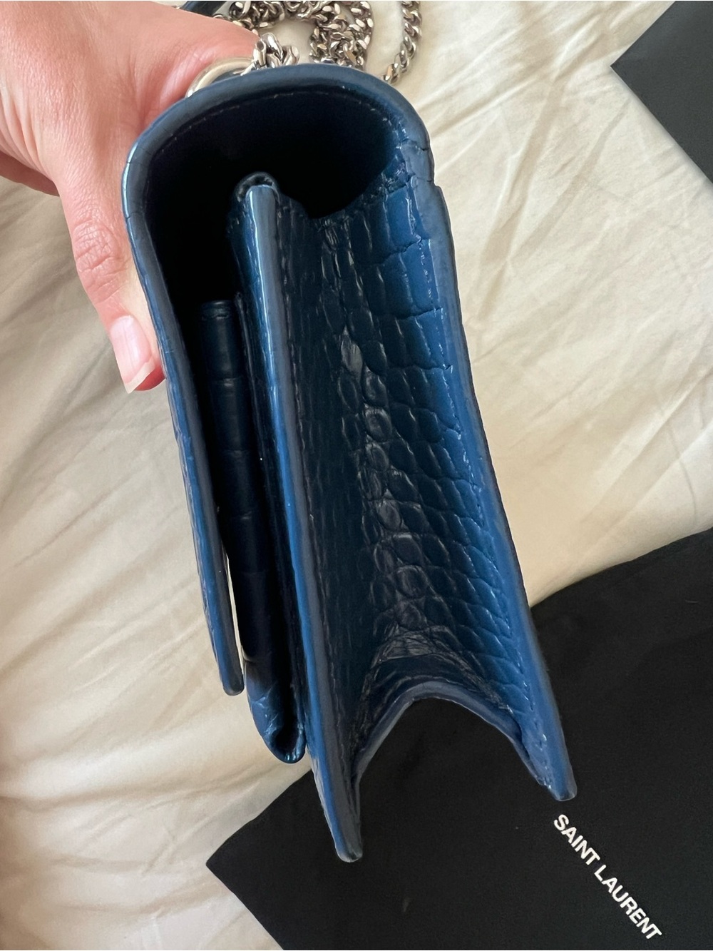 Saint Laurent Small Sunset Bag in Denim Blue Croc-Embossed Leather - Picture 5 of 16